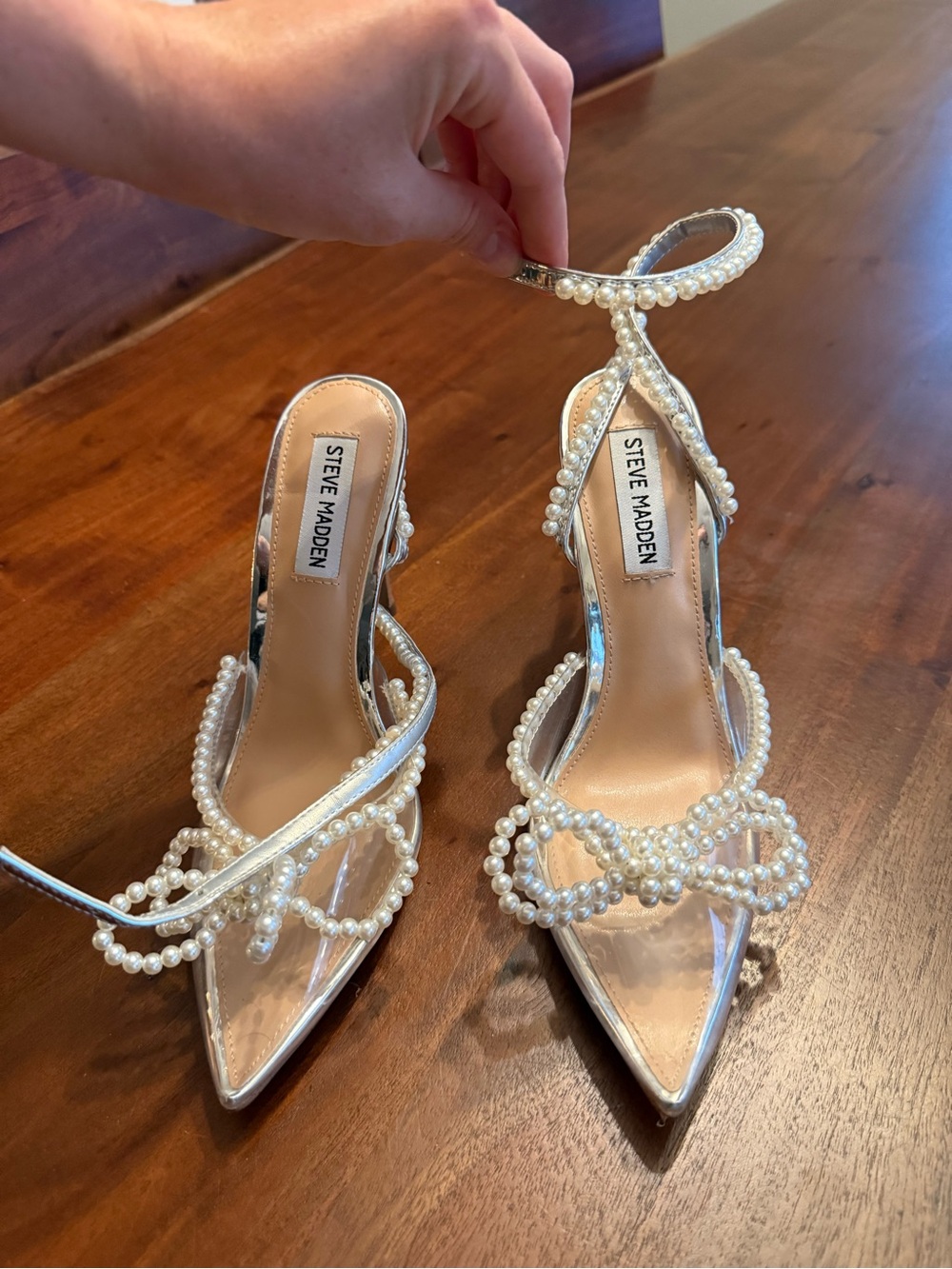 Steve Madden Silver Pearl-Embellished Heeled Sandals - Picture 1 of 4